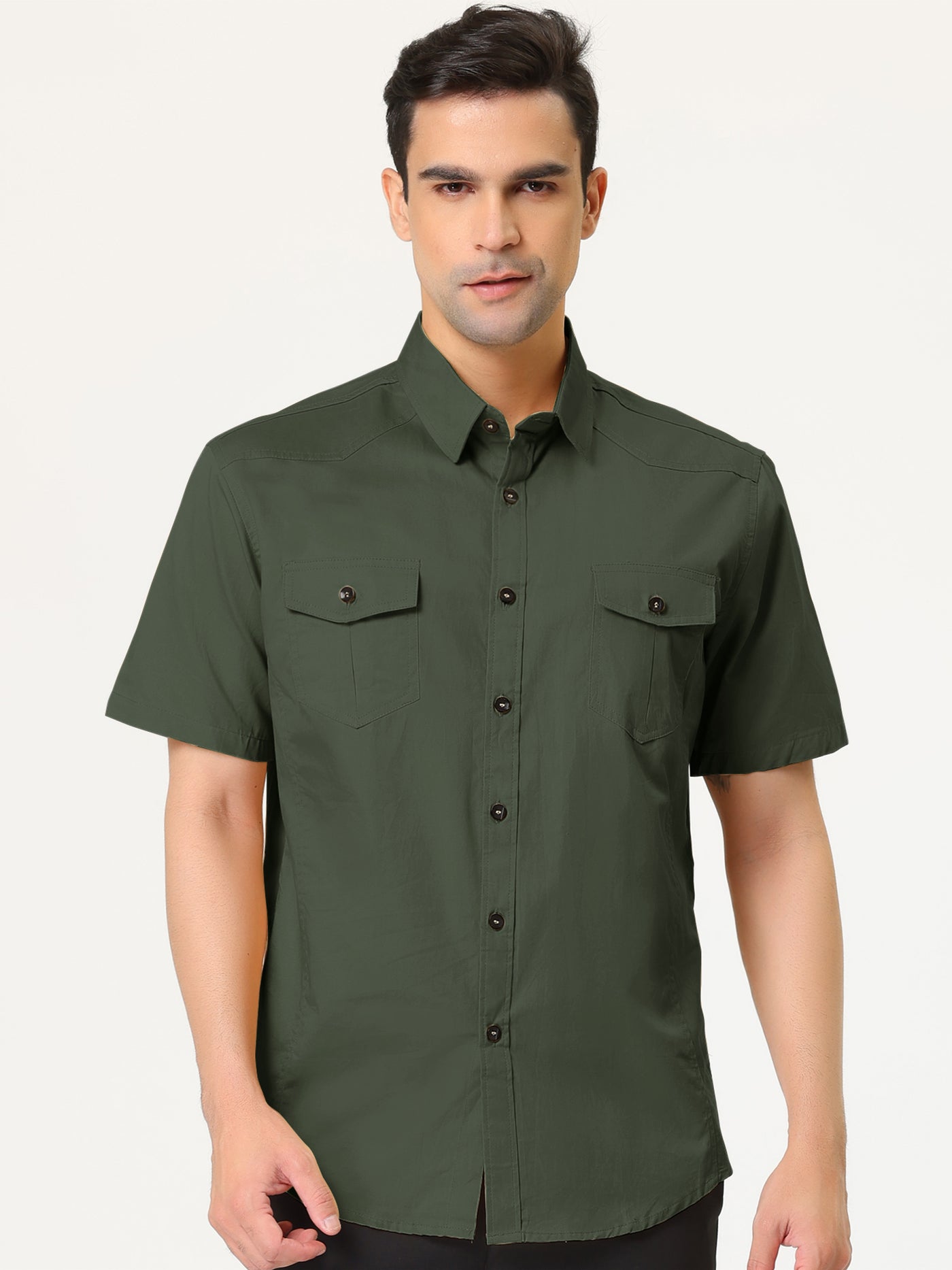 Bublédon Lapel Short Sleeve Button Solid Color Cargo Shirt