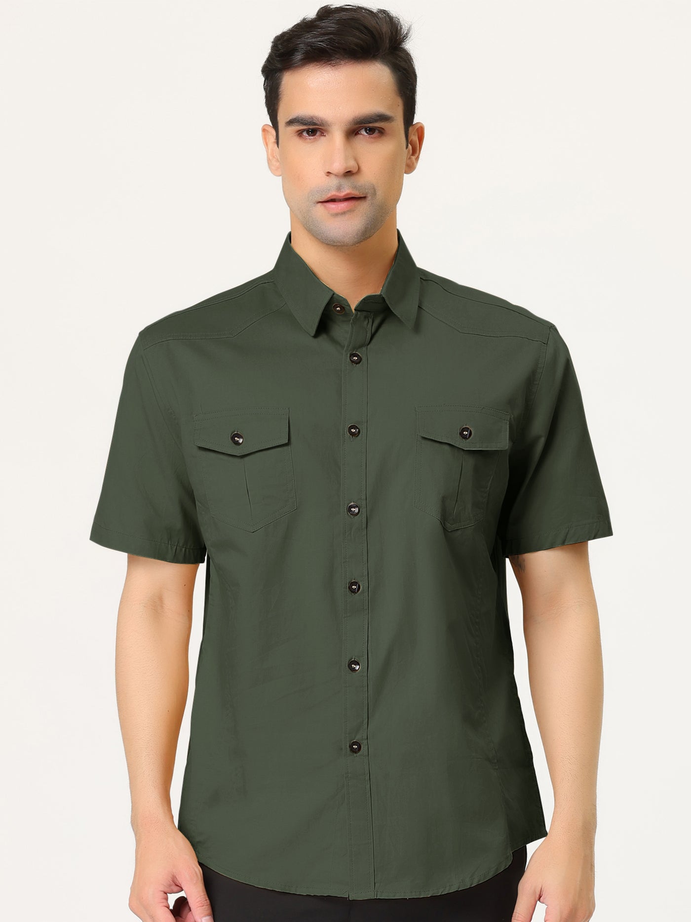 Bublédon Lapel Short Sleeve Button Solid Color Cargo Shirt