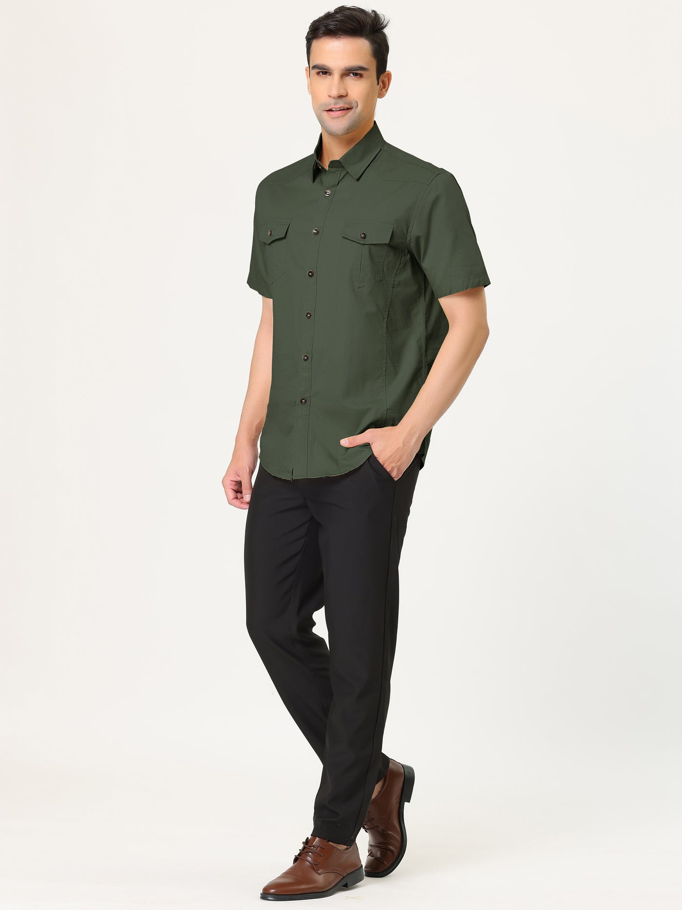 Bublédon Lapel Short Sleeve Button Solid Color Cargo Shirt