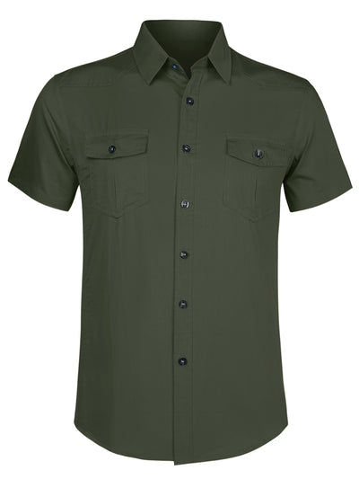 Lapel Short Sleeve Button Solid Color Cargo Shirt