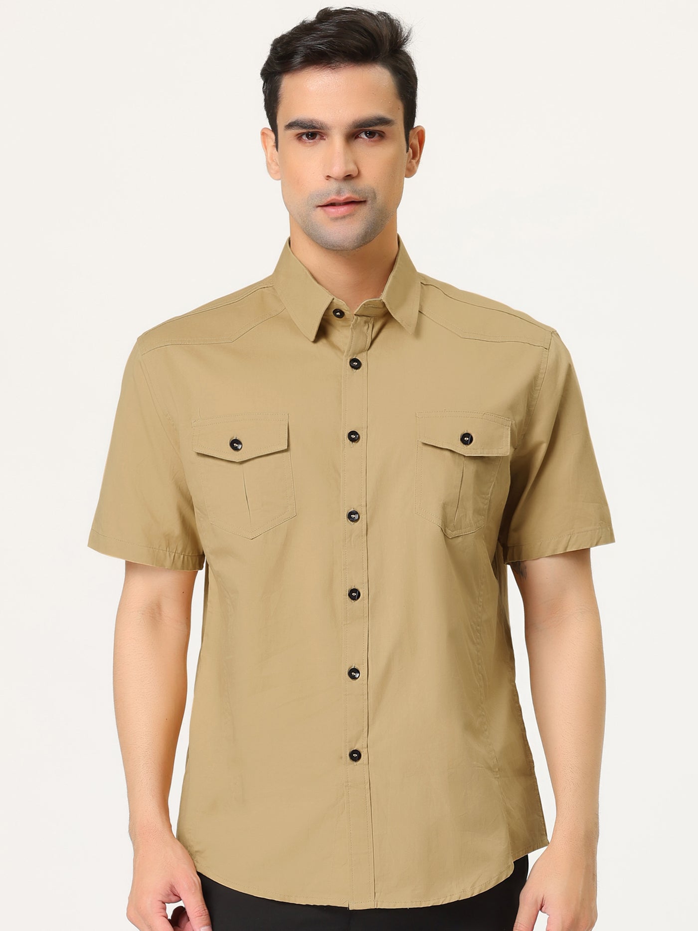 Bublédon Lapel Short Sleeve Button Solid Color Cargo Shirt