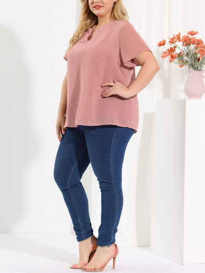 Plus Size Solid Color Jacquard Pin Dot V Neck Blouse