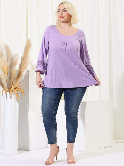 Plus Size Plain Long Crochet Sleeve Loose Blouse