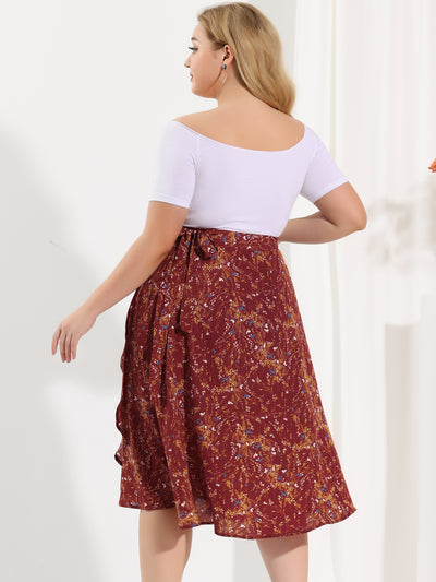 A Line Polyester Floral Print Plus Size Wrap Midi Skirt