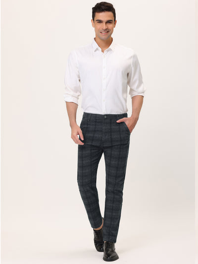 Men's Plaid Slim Fit Flat Front Checked Business Pencil Dress Pants