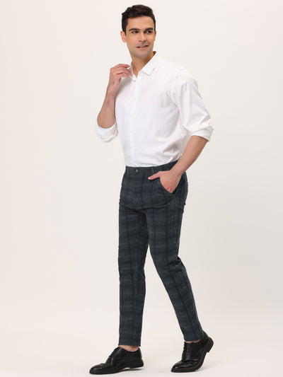 Men's Plaid Slim Fit Flat Front Checked Business Pencil Dress Pants