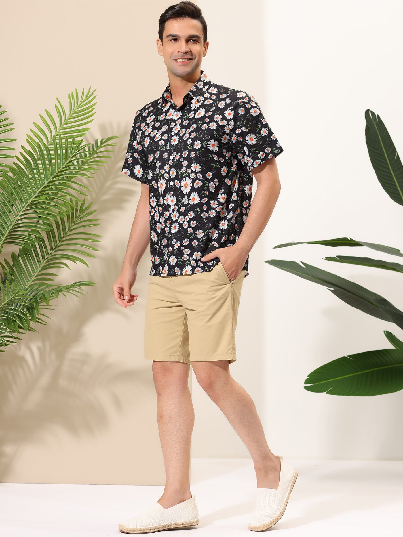 Bublédon Sunflower Floral Printed Short Sleeve Button Down Shirt