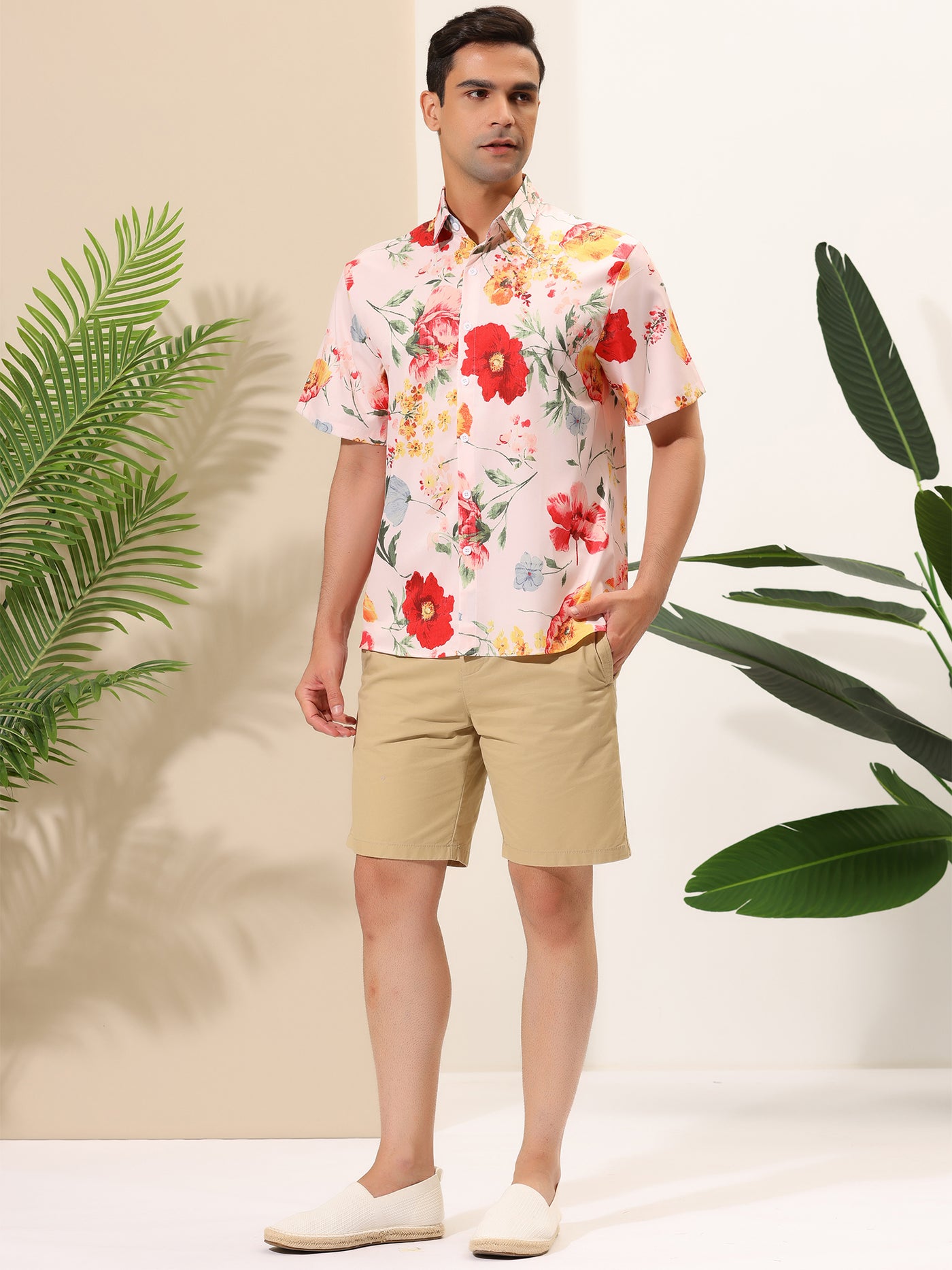 Bublédon Hawaiian Flower Printed Short Sleeve Beach Shirts