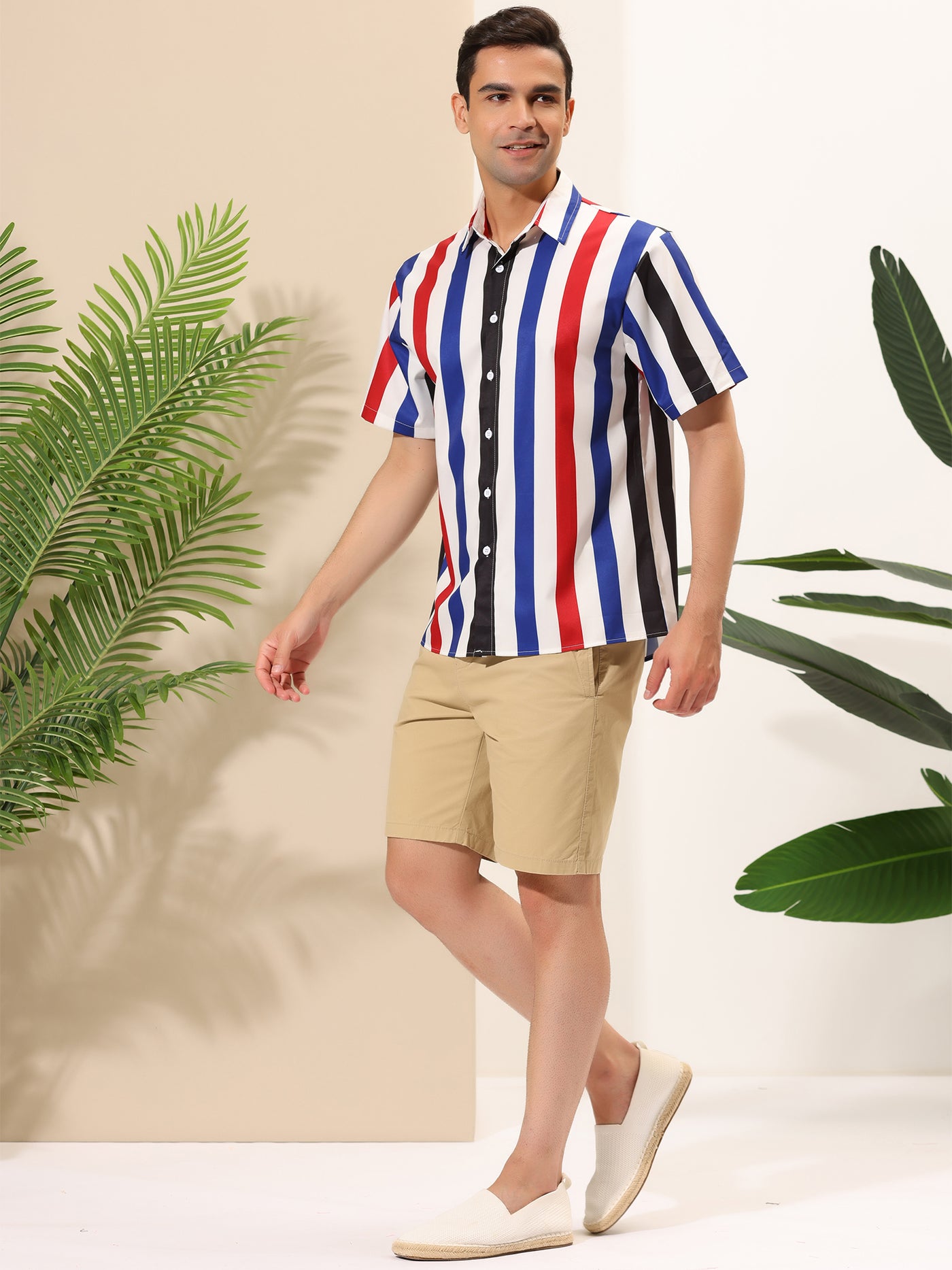 Bublédon Vertical Stripe Print Lapel Short Sleeve Button Shirts