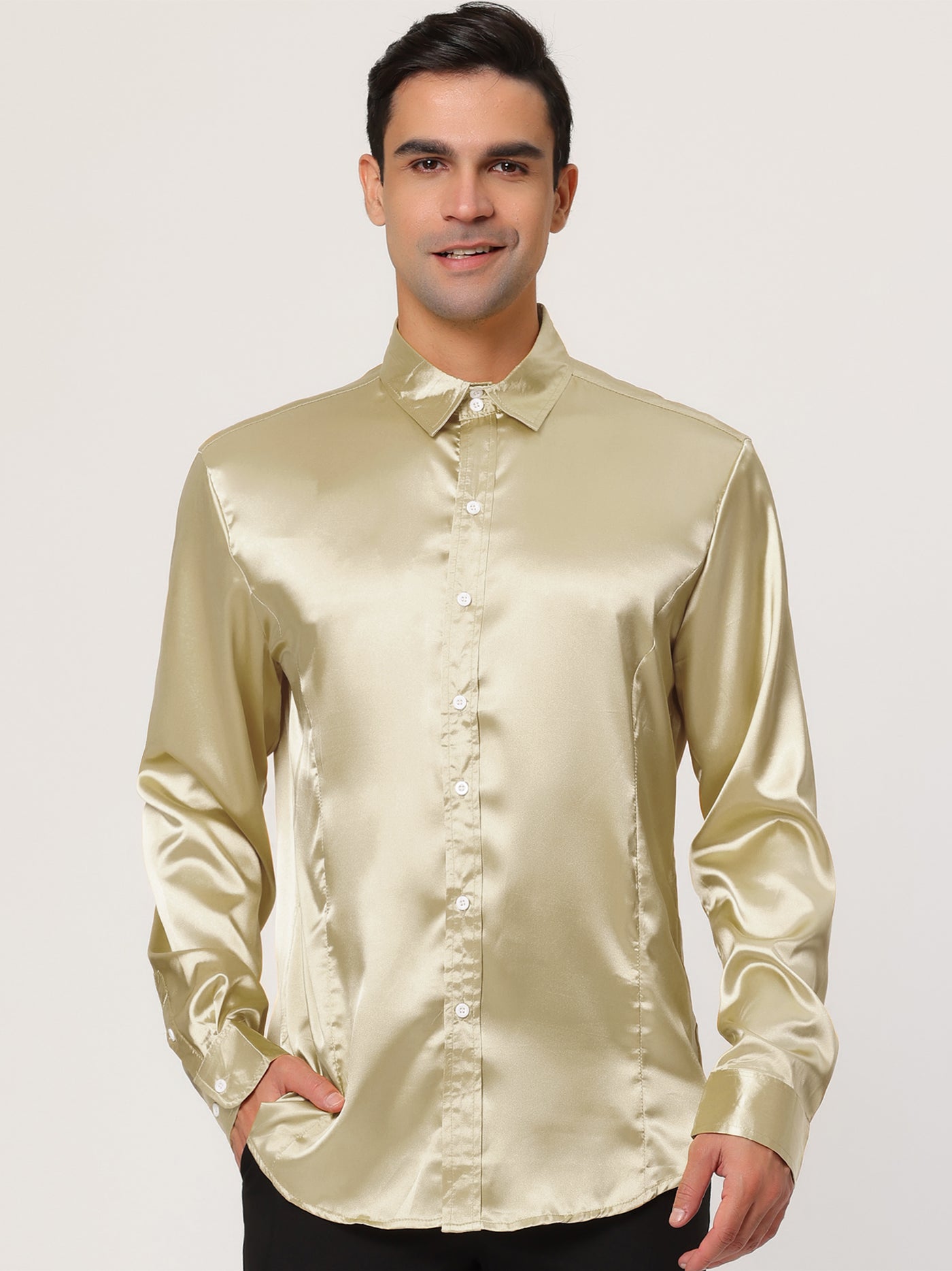 Bublédon Satin V Neck Long Sleeve Button Down Party Shirts