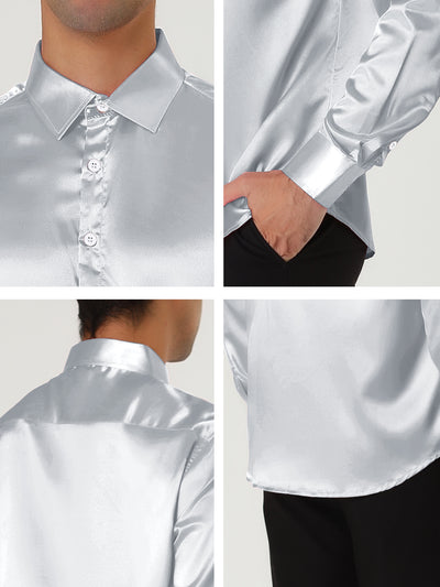 Satin Point Collar Long Sleeve Button Dress Shirts