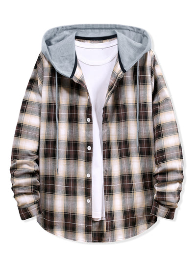 Classic Button Down Long Sleeve Plaid Hooded Shirt