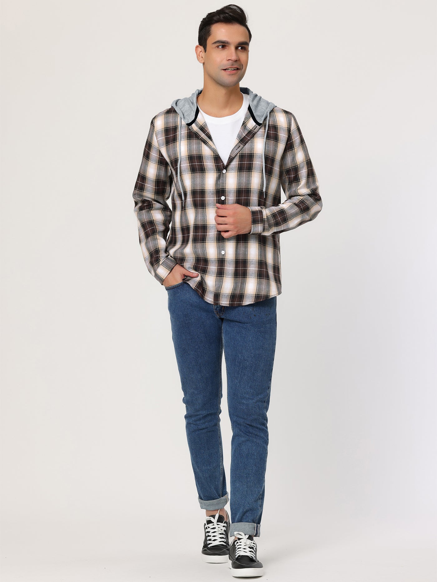 Bublédon Classic Button Down Long Sleeve Plaid Hooded Shirt