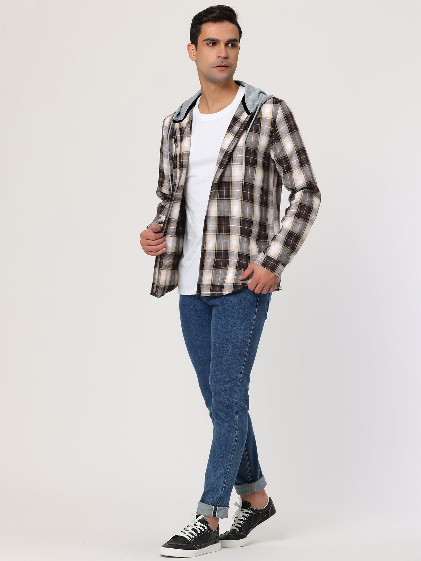 Bublédon Classic Button Down Long Sleeve Plaid Hooded Shirt