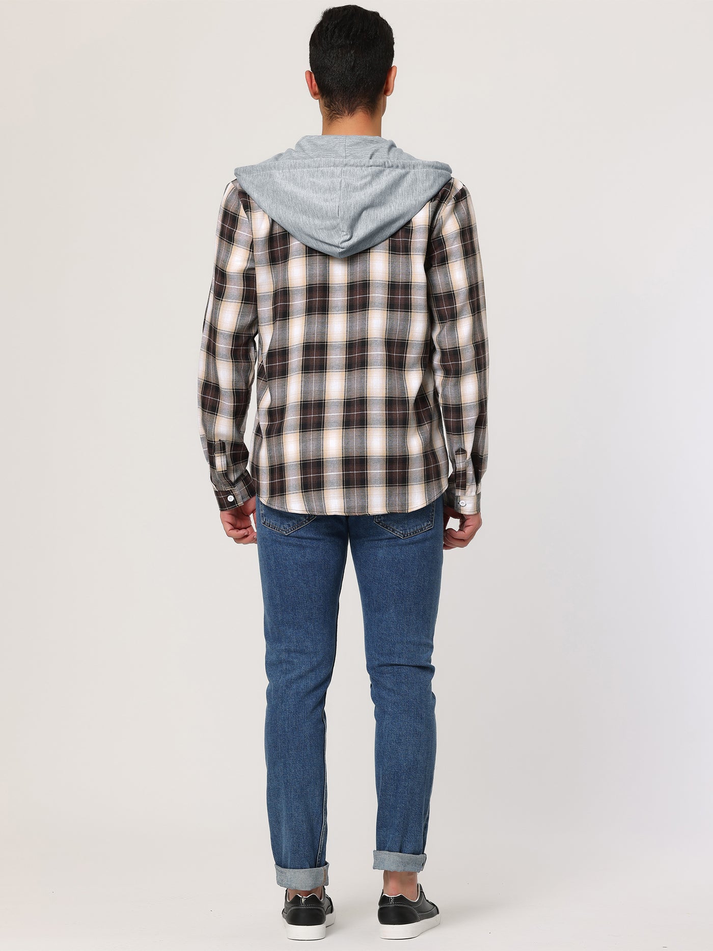 Bublédon Classic Button Down Long Sleeve Plaid Hooded Shirt