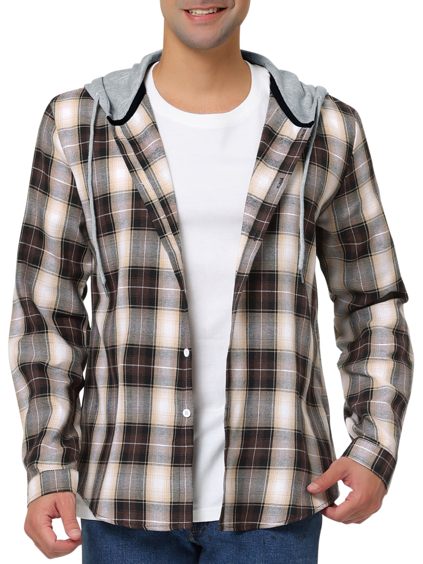 Bublédon Classic Button Down Long Sleeve Plaid Hooded Shirt