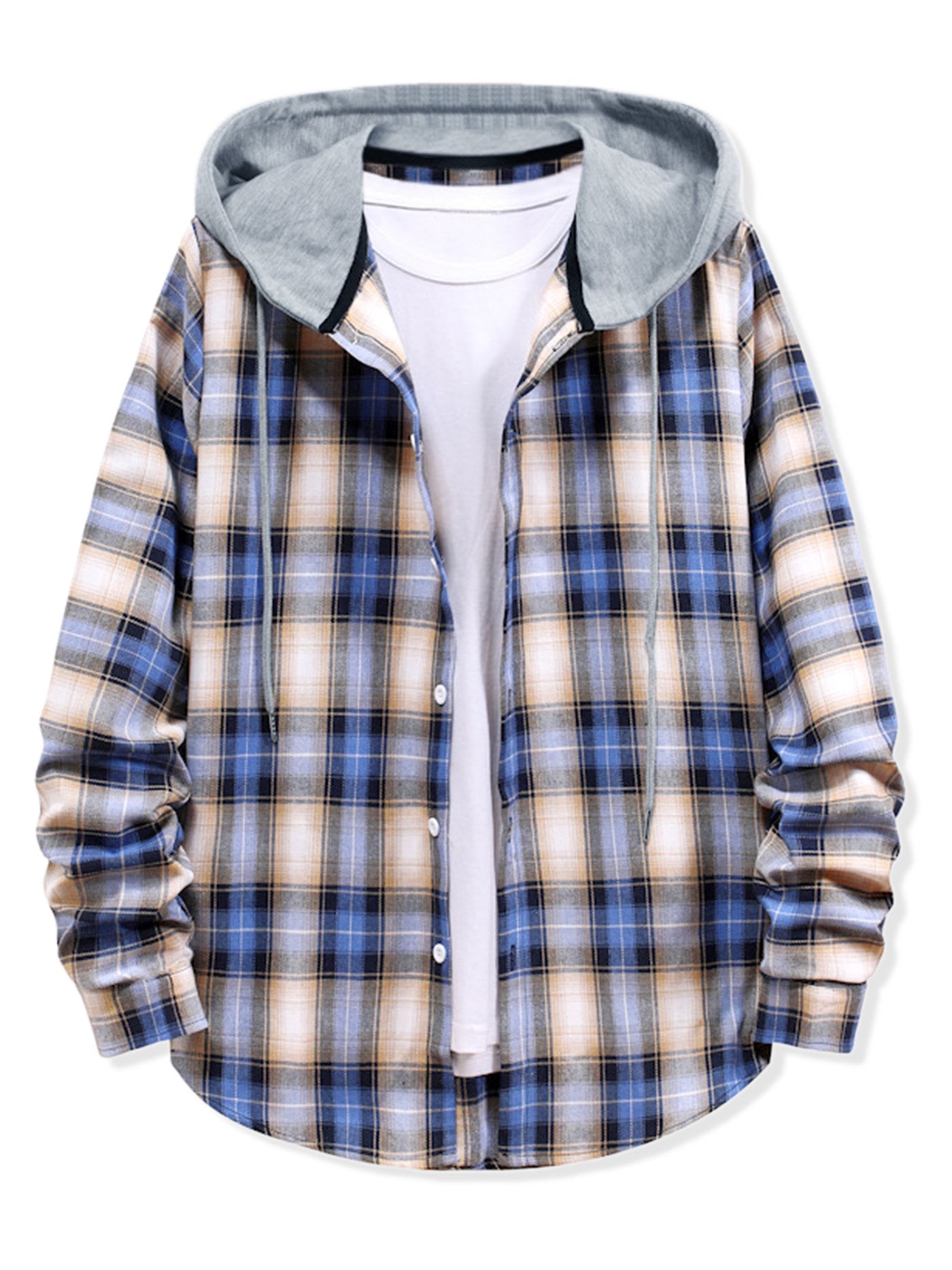 Bublédon Classic Button Down Long Sleeve Plaid Hooded Shirt