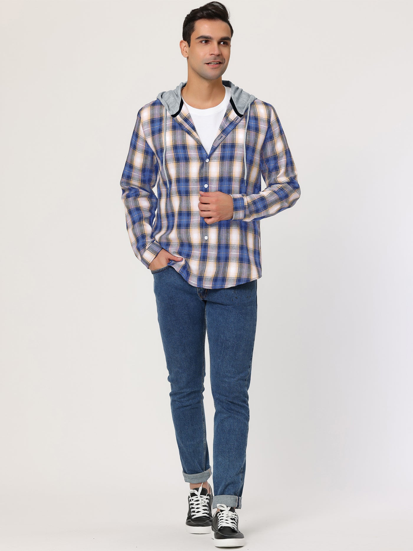 Bublédon Classic Button Down Long Sleeve Plaid Hooded Shirt