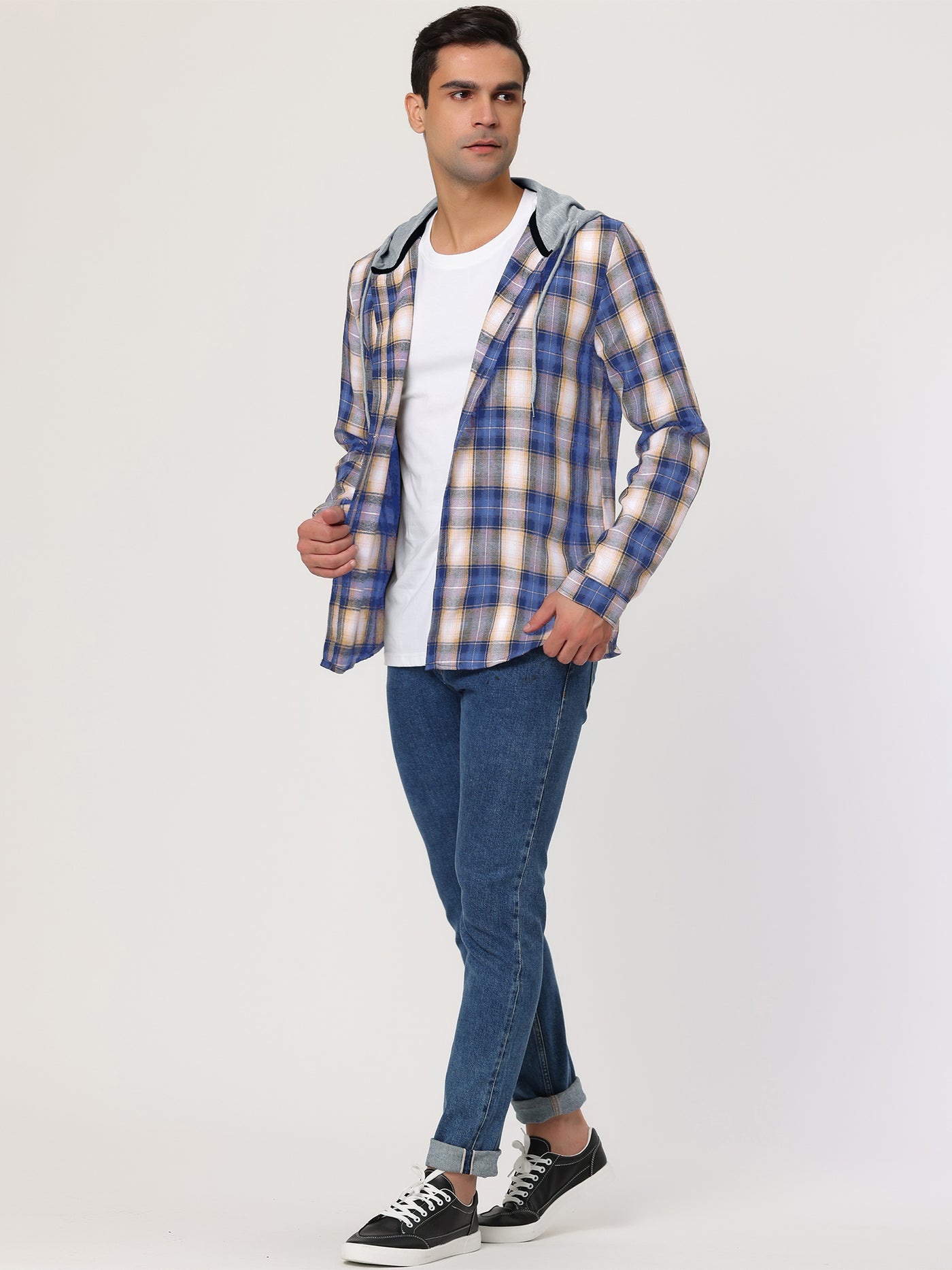 Bublédon Classic Button Down Long Sleeve Plaid Hooded Shirt