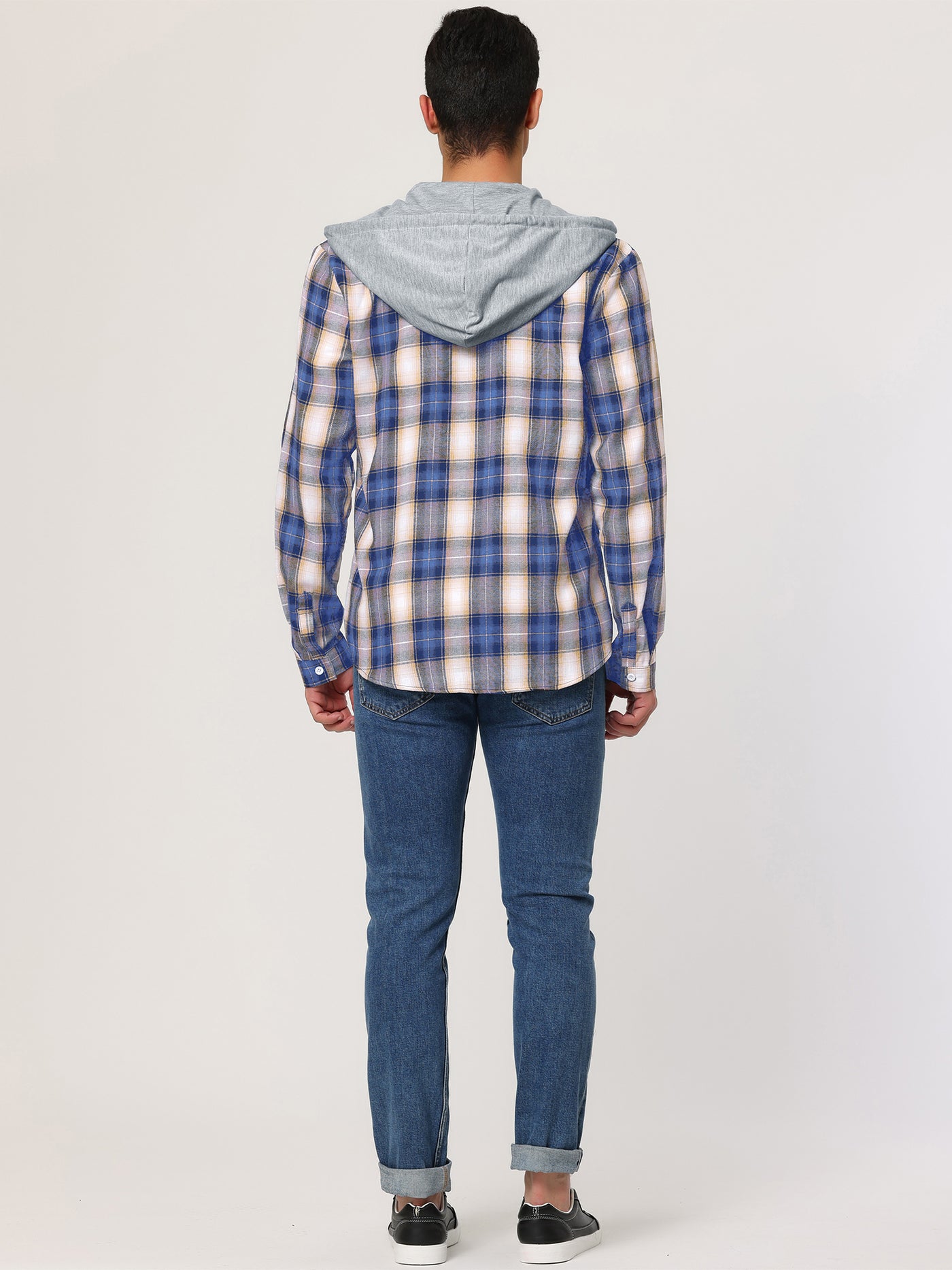 Bublédon Classic Button Down Long Sleeve Plaid Hooded Shirt