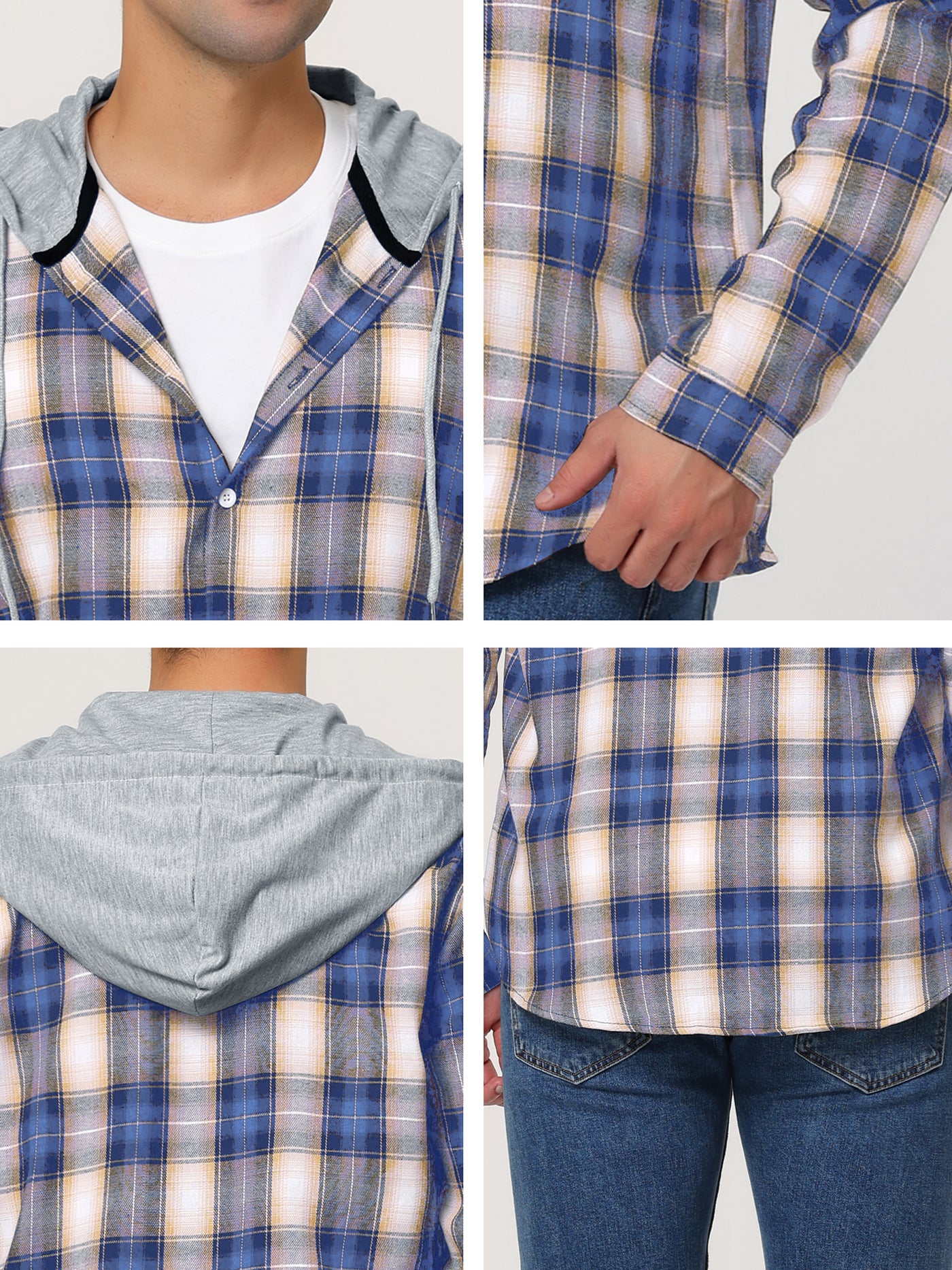 Bublédon Classic Button Down Long Sleeve Plaid Hooded Shirt