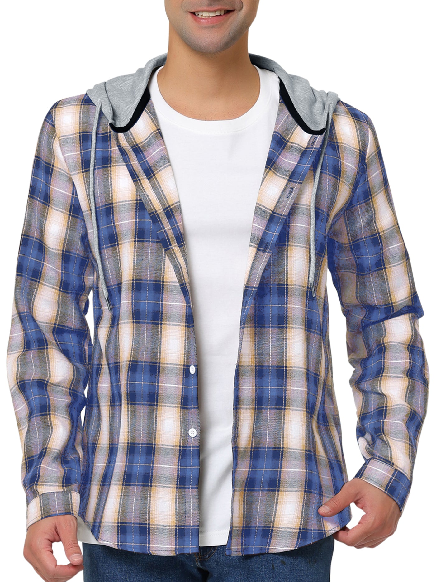 Bublédon Classic Button Down Long Sleeve Plaid Hooded Shirt