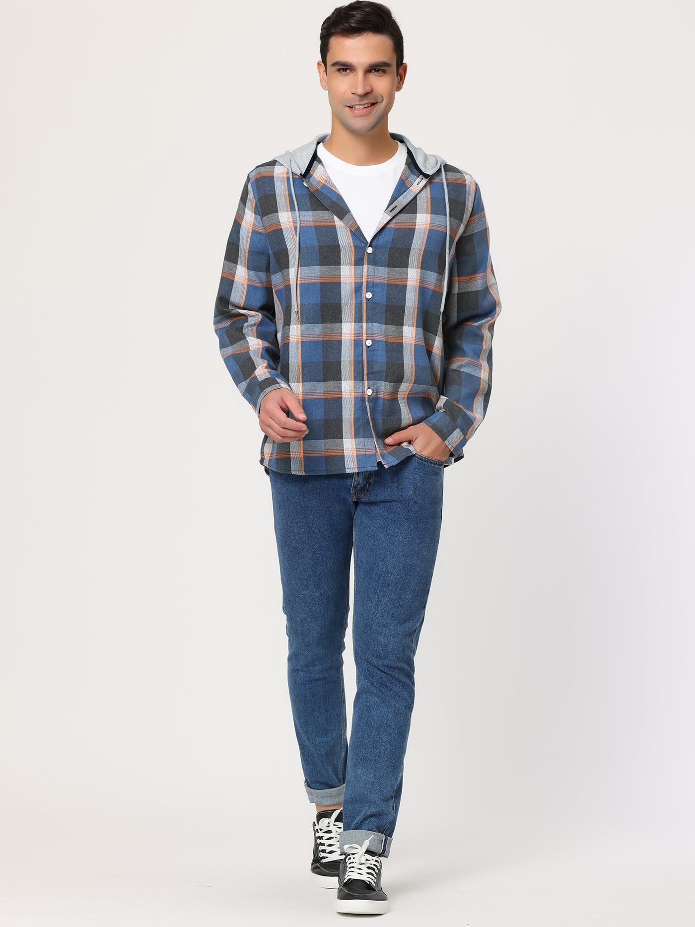 Bublédon Classic Button Down Long Sleeve Plaid Hooded Shirt