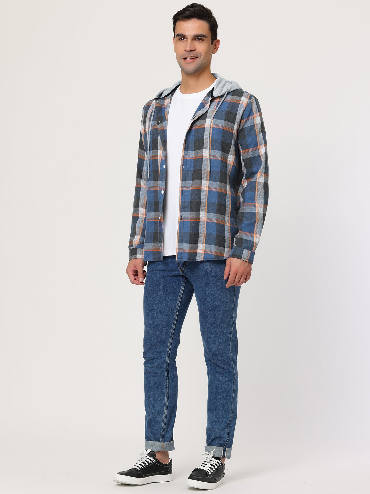 Bublédon Classic Button Down Long Sleeve Plaid Hooded Shirt