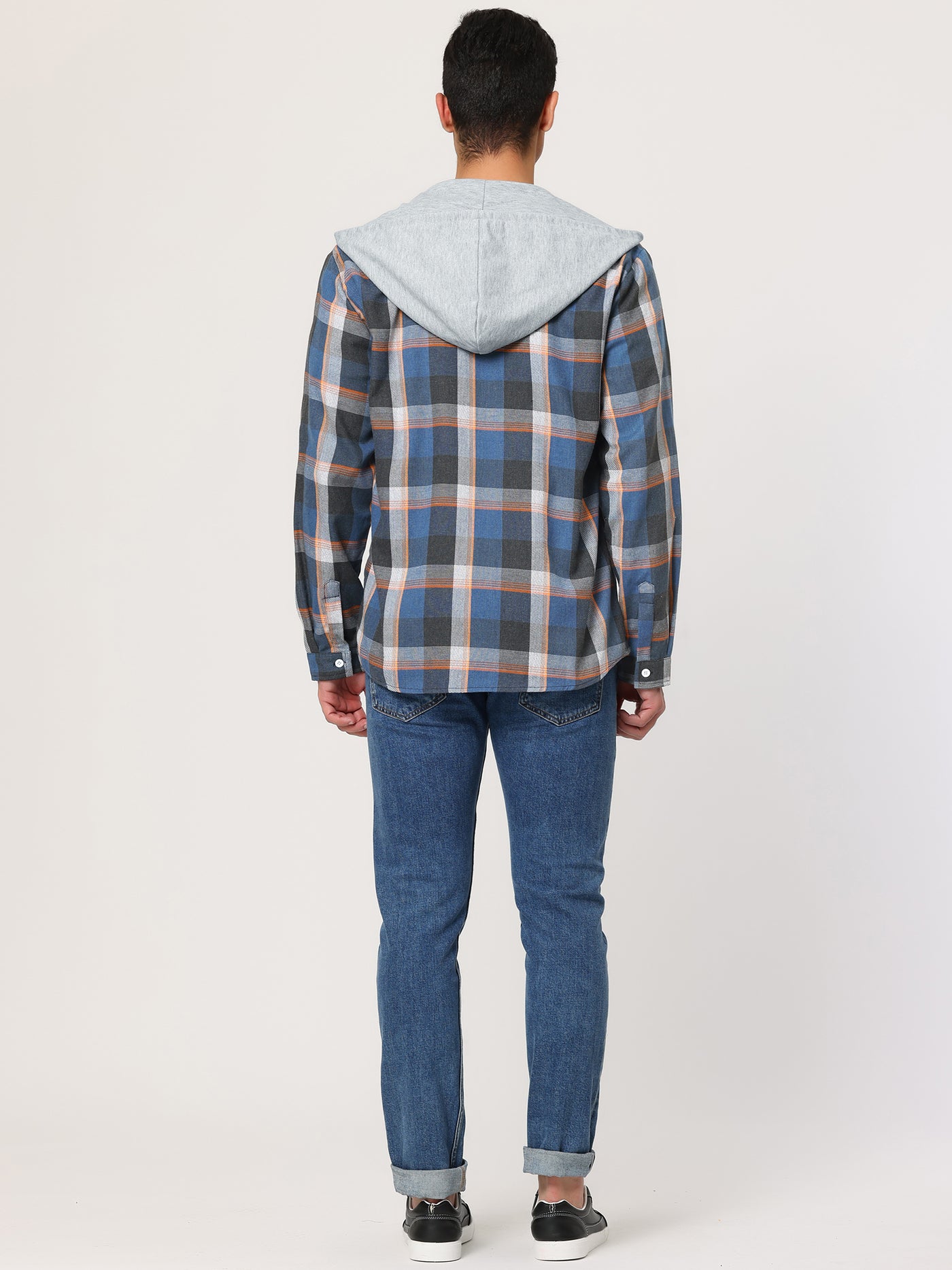 Bublédon Classic Button Down Long Sleeve Plaid Hooded Shirt