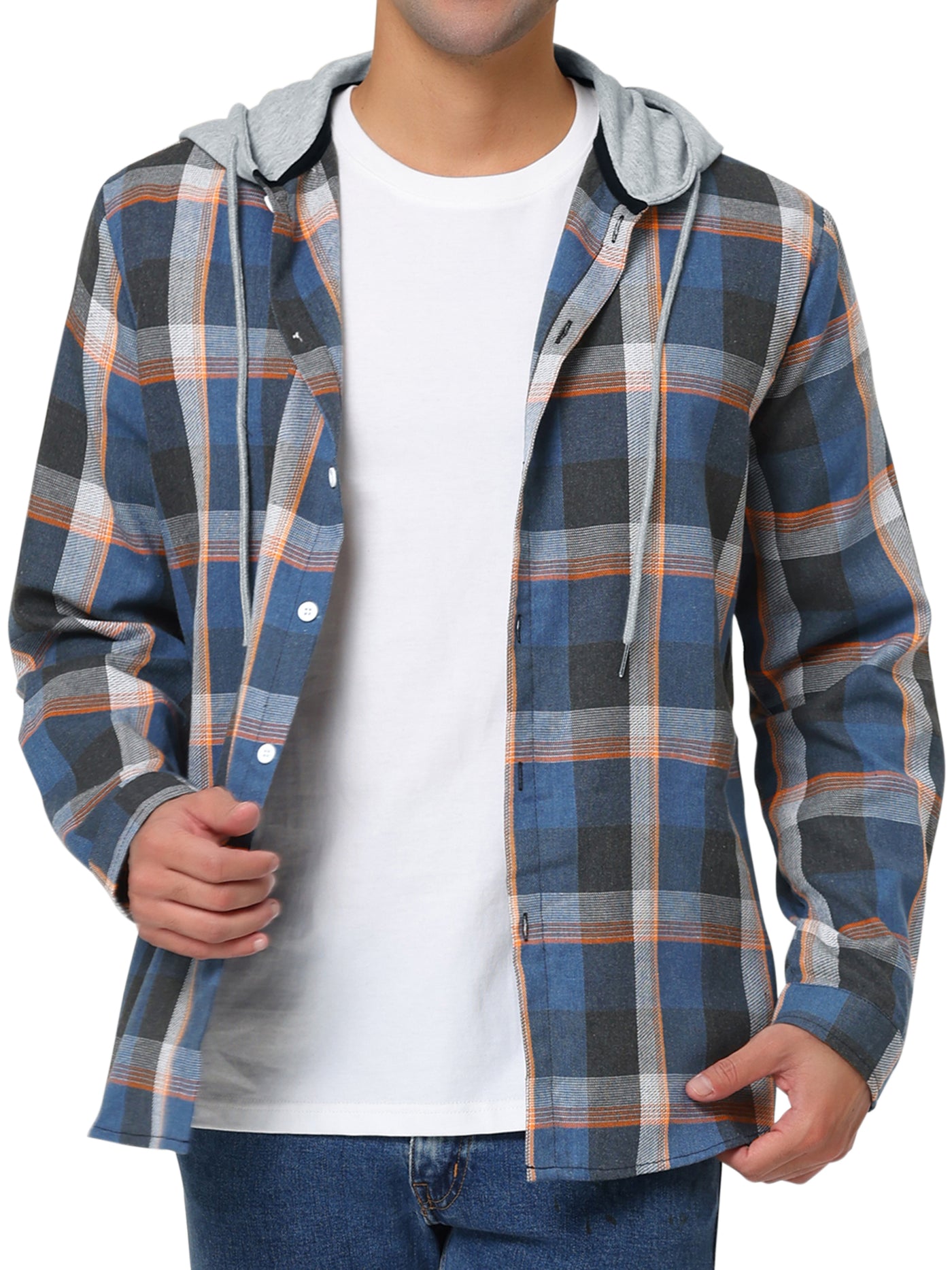 Bublédon Classic Button Down Long Sleeve Plaid Hooded Shirt