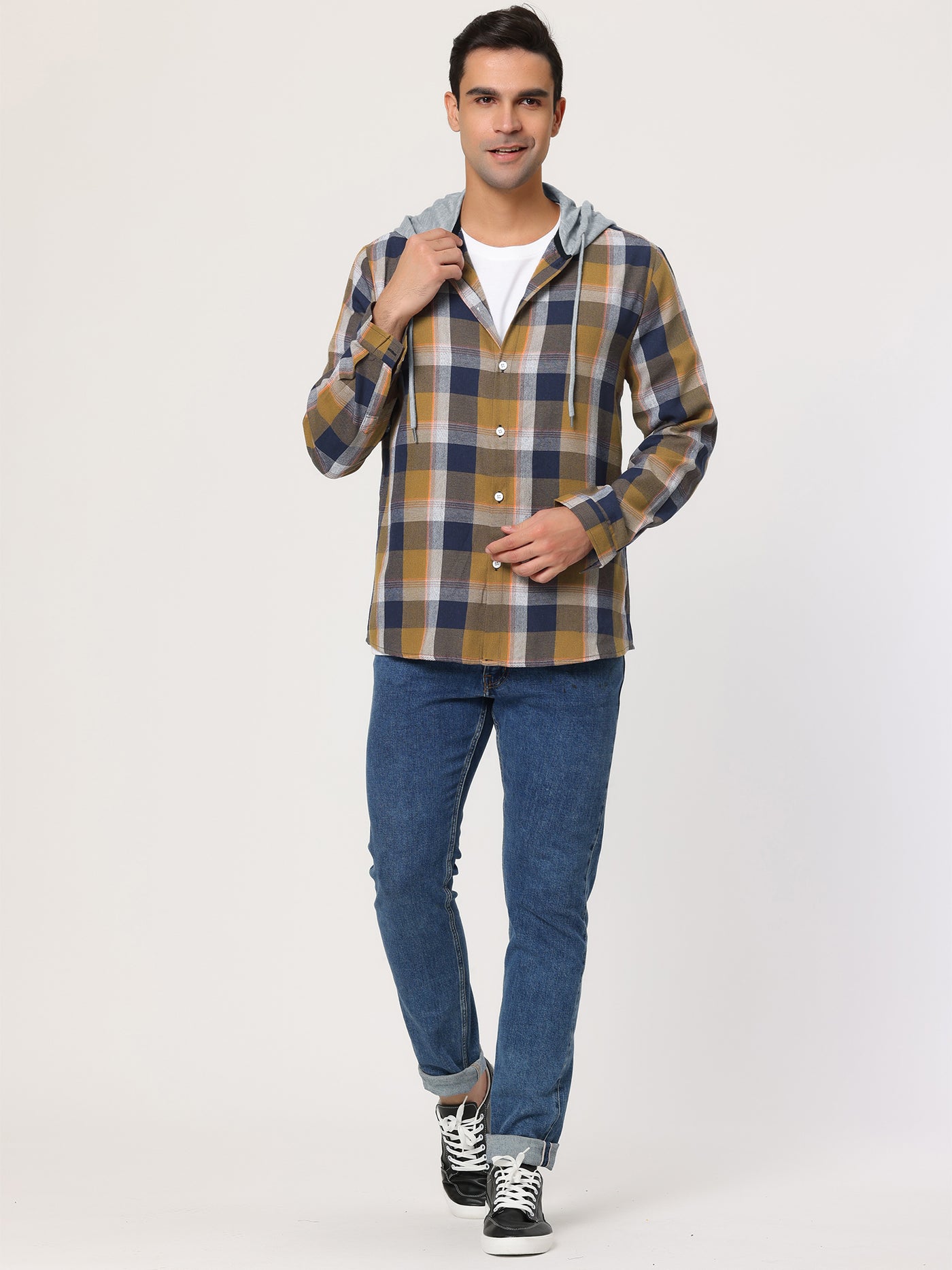 Bublédon Classic Button Down Long Sleeve Plaid Hooded Shirt