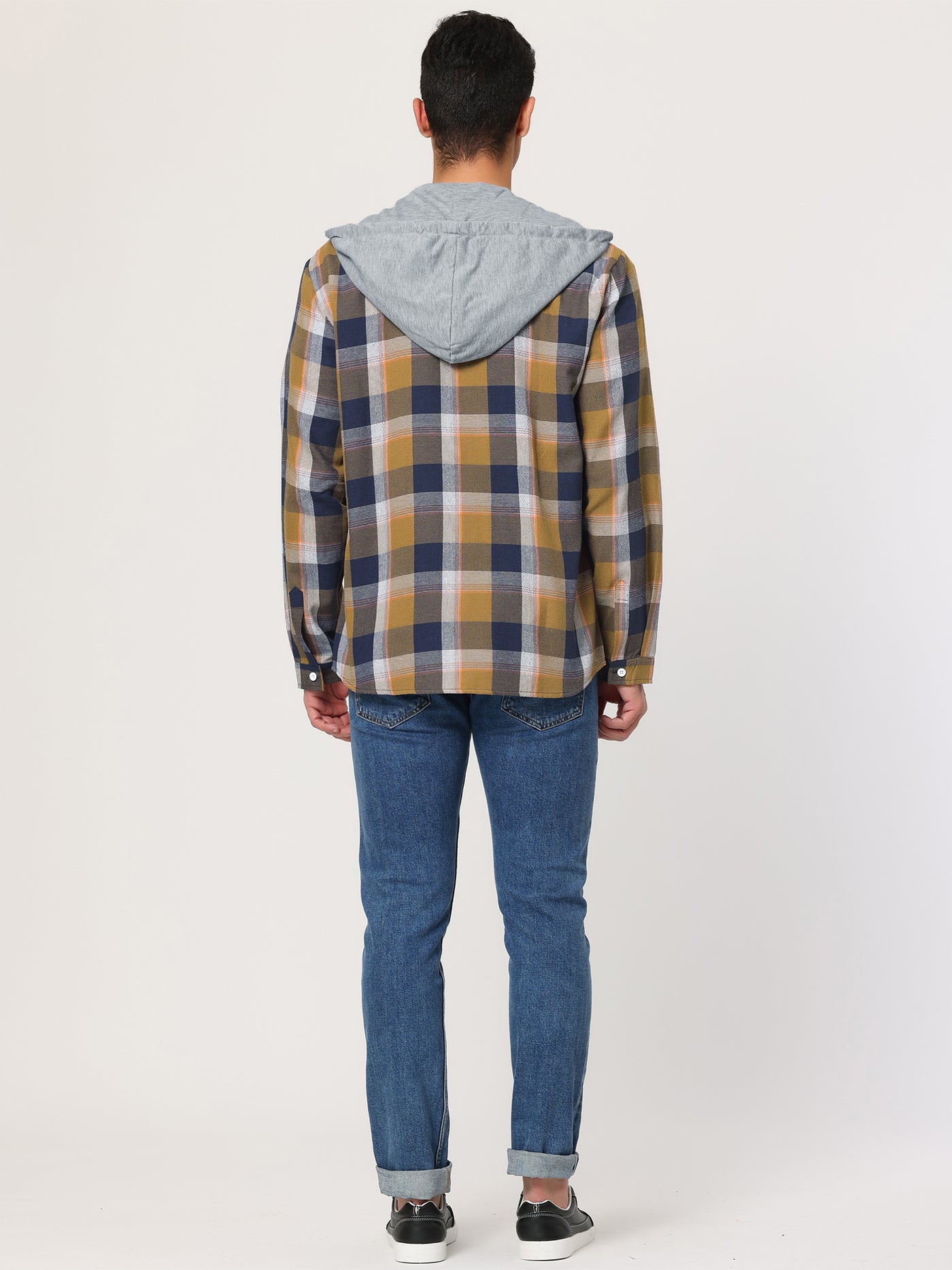 Bublédon Classic Button Down Long Sleeve Plaid Hooded Shirt