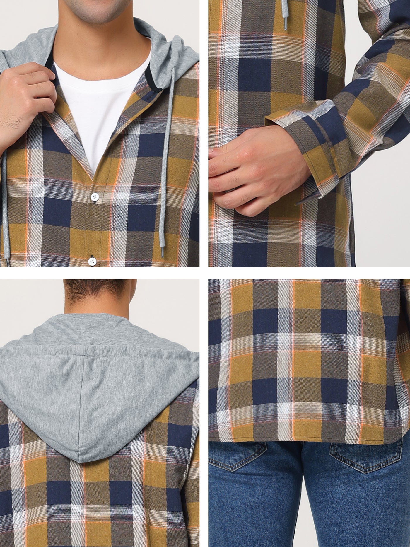 Bublédon Classic Button Down Long Sleeve Plaid Hooded Shirt