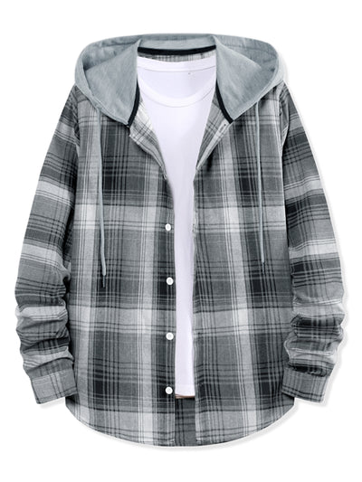 Classic Button Down Long Sleeve Plaid Hooded Shirt