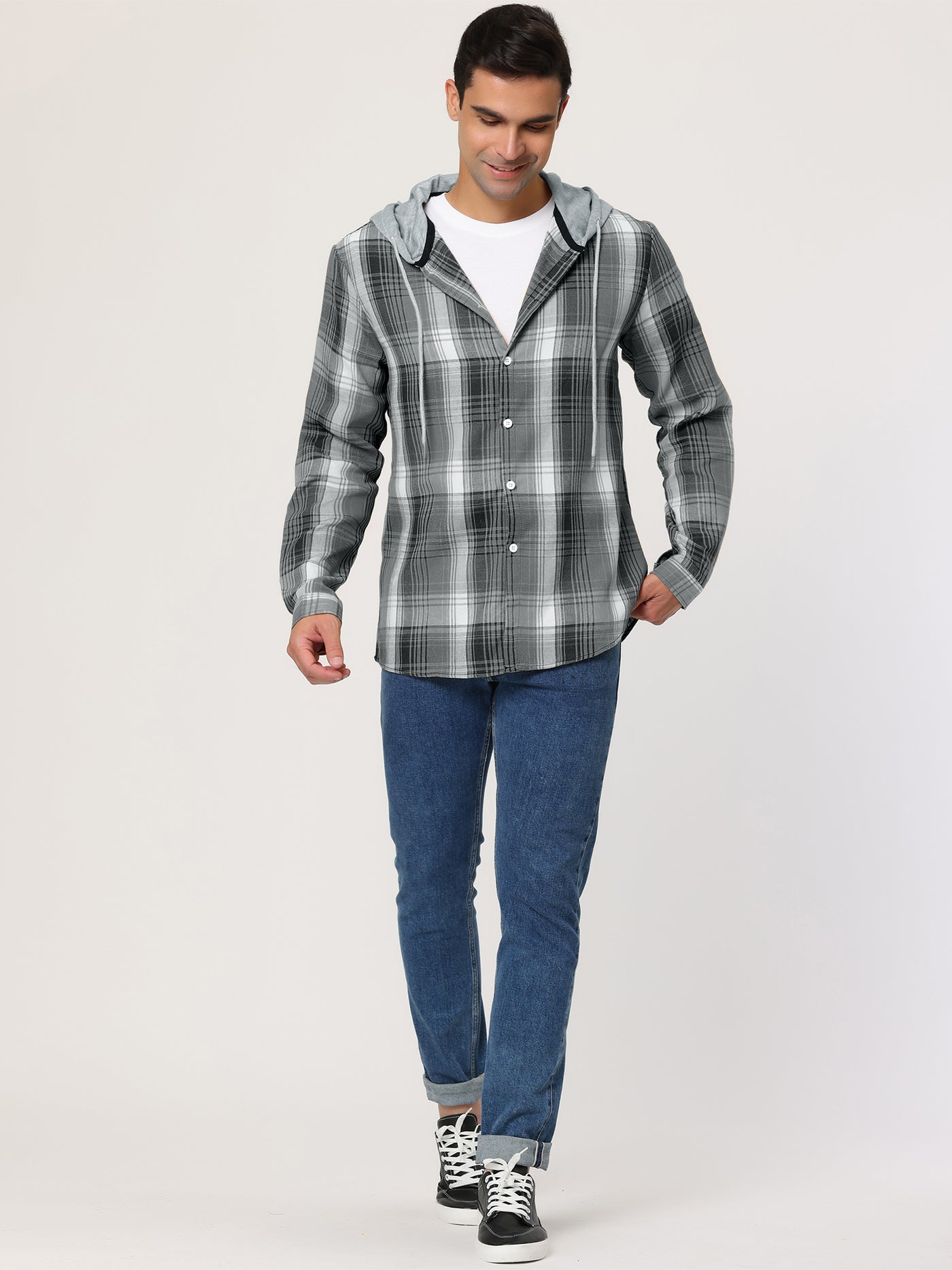 Bublédon Classic Button Down Long Sleeve Plaid Hooded Shirt