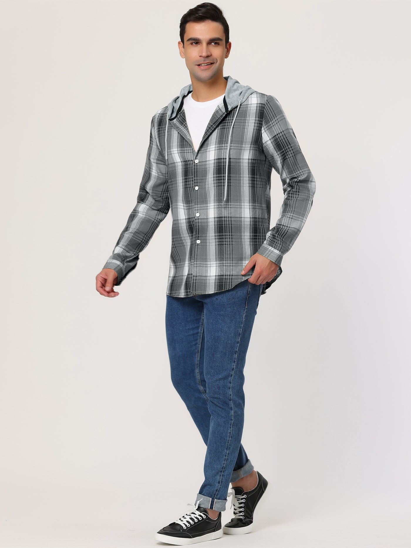 Bublédon Classic Button Down Long Sleeve Plaid Hooded Shirt