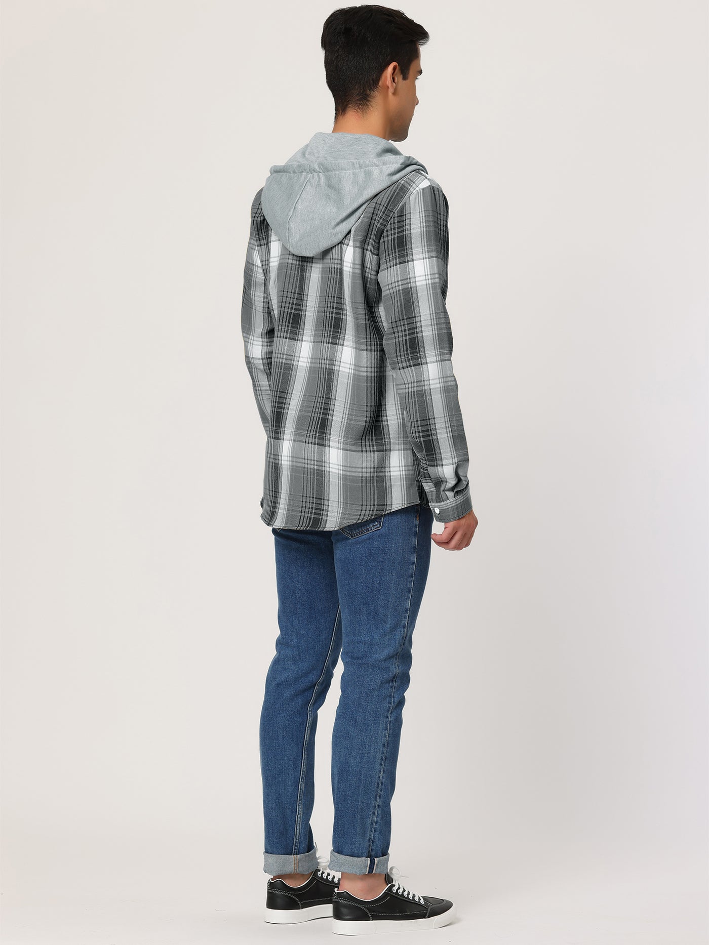 Bublédon Classic Button Down Long Sleeve Plaid Hooded Shirt