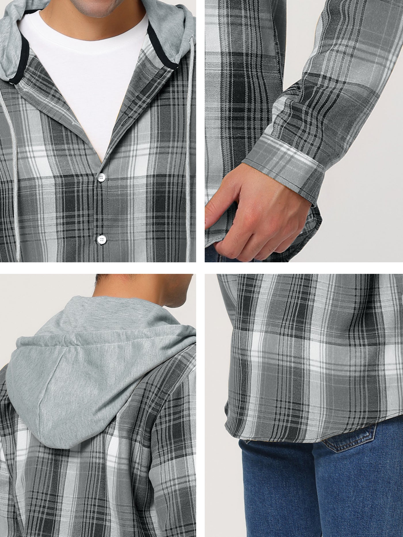 Bublédon Classic Button Down Long Sleeve Plaid Hooded Shirt