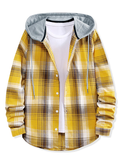 Classic Button Down Long Sleeve Plaid Hooded Shirt