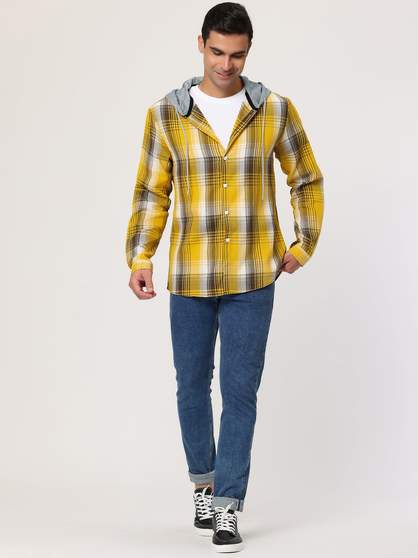 Bublédon Classic Button Down Long Sleeve Plaid Hooded Shirt