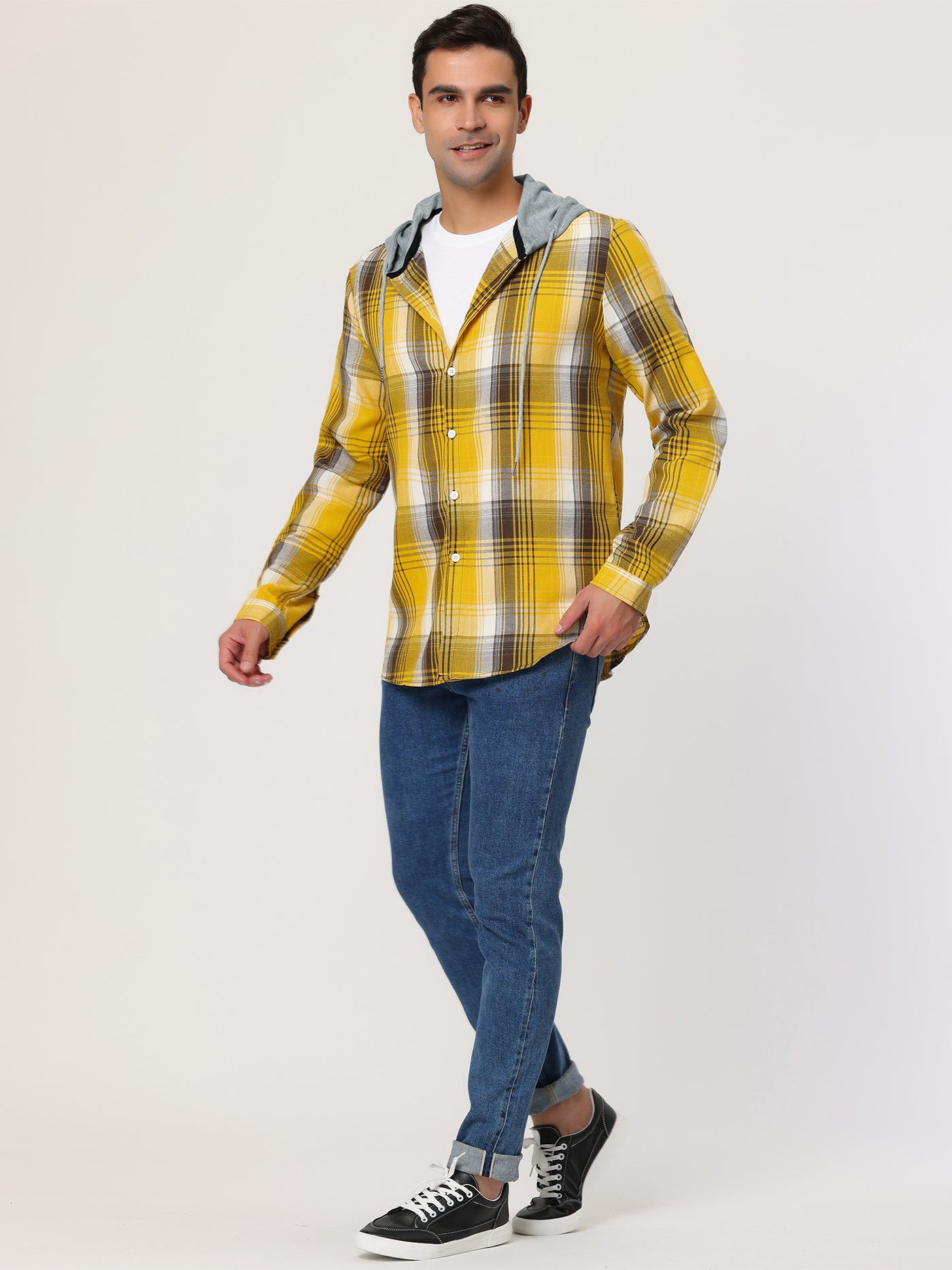 Bublédon Classic Button Down Long Sleeve Plaid Hooded Shirt