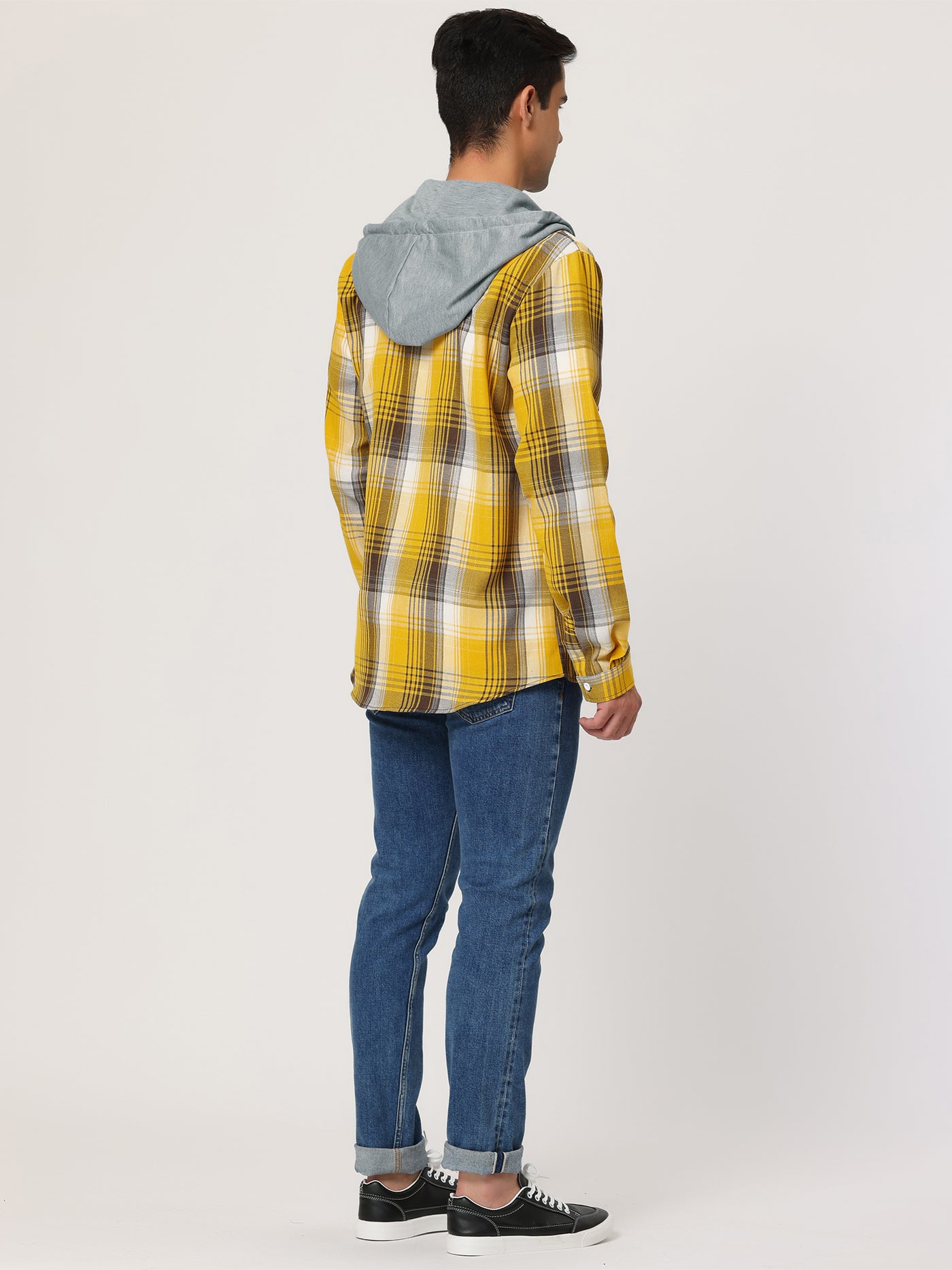 Bublédon Classic Button Down Long Sleeve Plaid Hooded Shirt