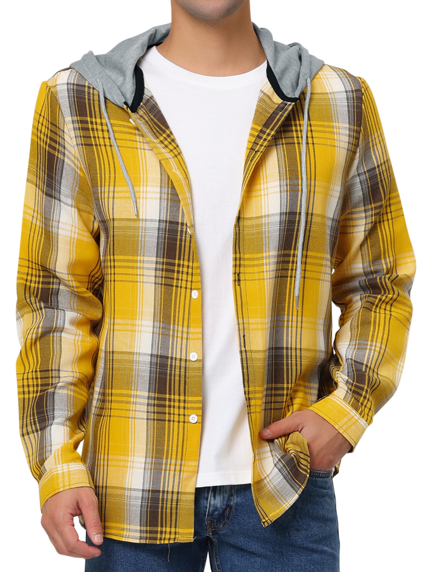 Bublédon Classic Button Down Long Sleeve Plaid Hooded Shirt