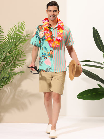 Hawaiian Summer Leaf Printed Stripe Patchwork Shirt