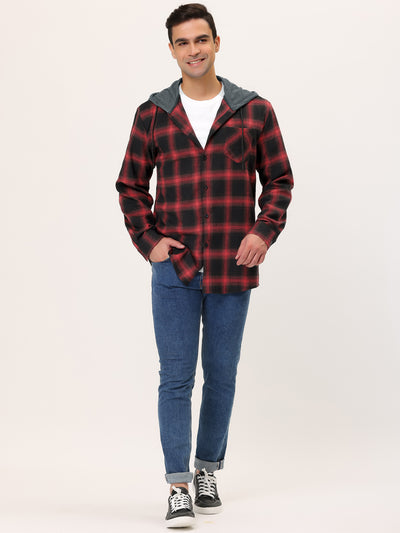 Classic Button Down Long Sleeve Plaid Hooded Shirt