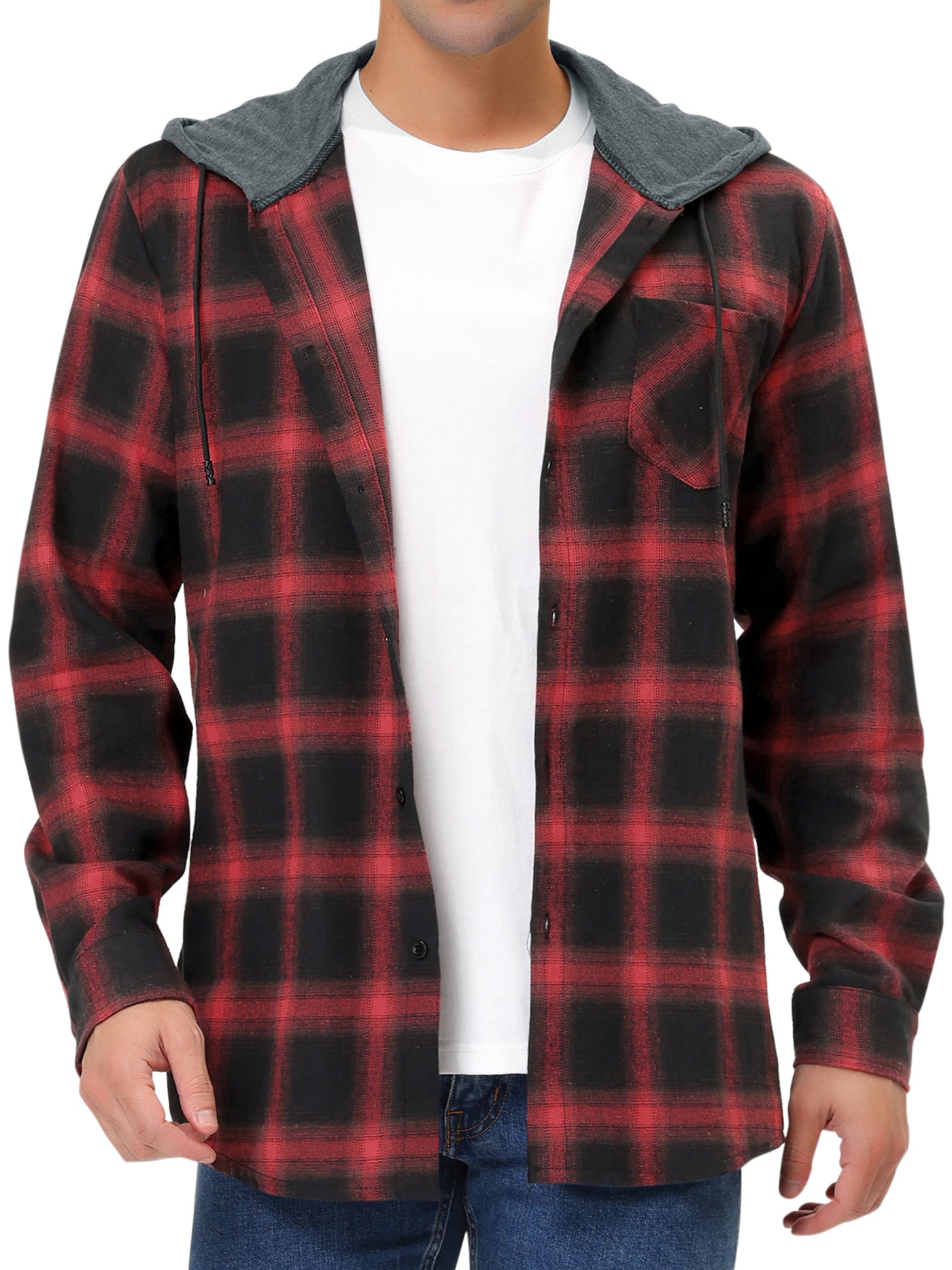 Bublédon Classic Button Down Long Sleeve Plaid Hooded Shirt