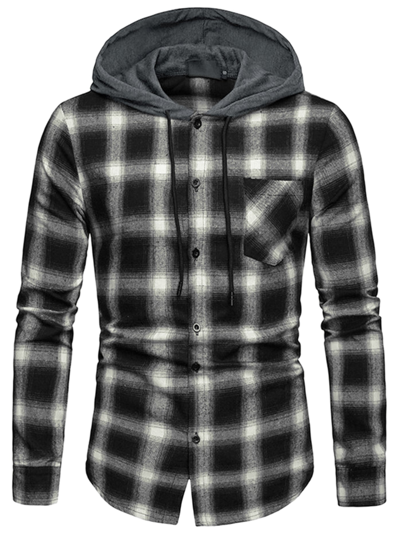 Bublédon Classic Button Down Long Sleeve Plaid Hooded Shirt