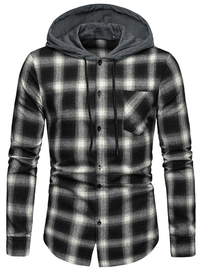 Classic Button Down Long Sleeve Plaid Hooded Shirt