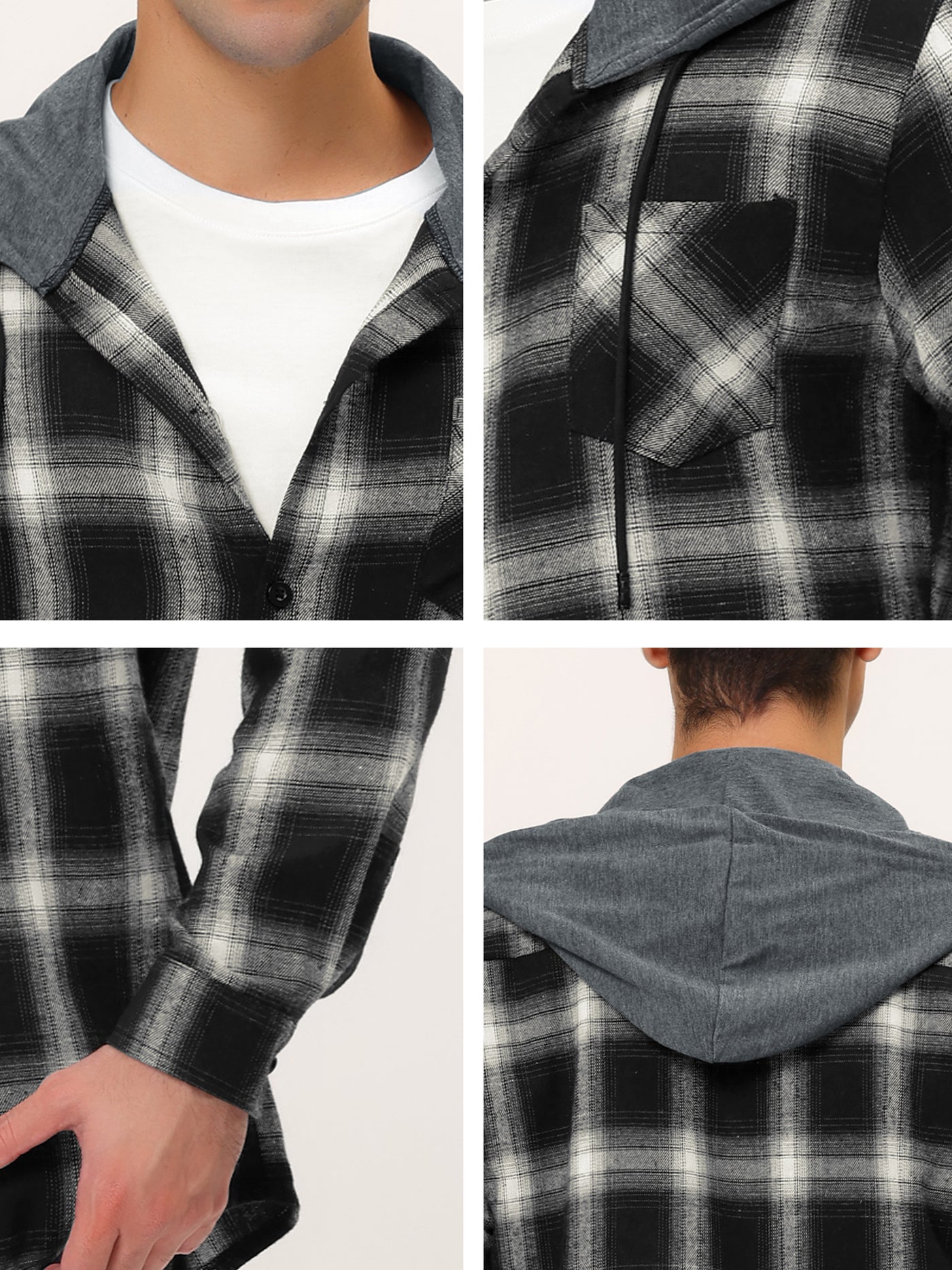 Bublédon Classic Button Down Long Sleeve Plaid Hooded Shirt