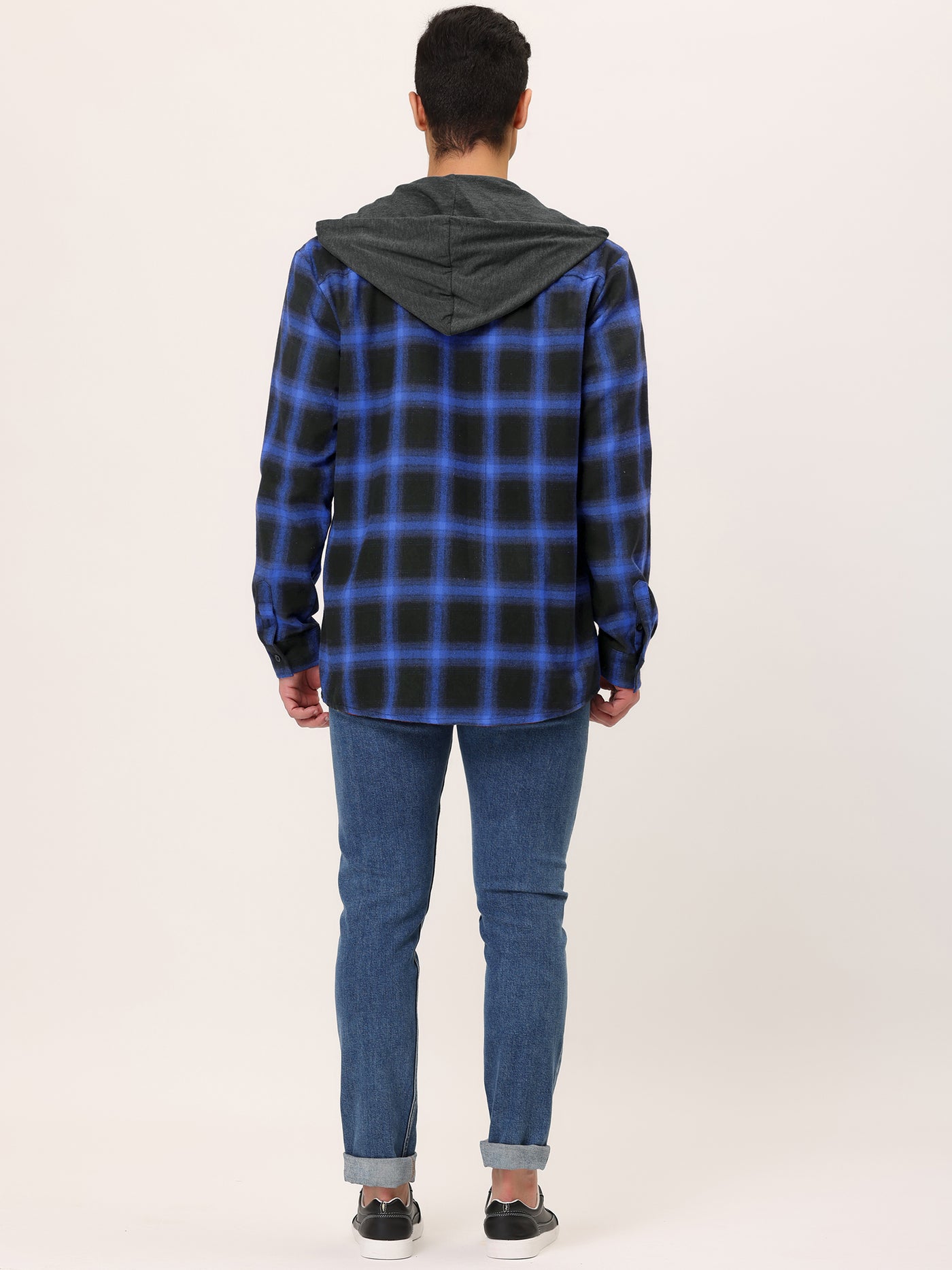 Bublédon Classic Button Down Long Sleeve Plaid Hooded Shirt